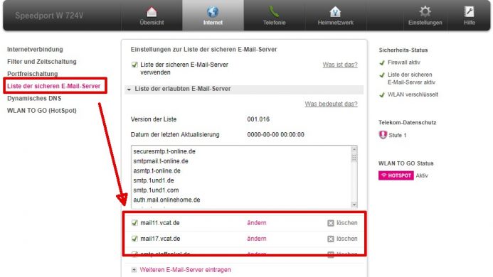 Konfiguration der "Liste der sicheren E-Mail-Server" in einem Speedport W 724V