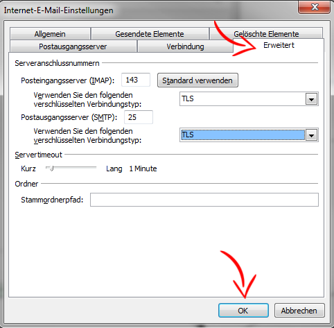 E-Mail-Konto einrichten - MS Outlook 2010 - Schritt 7 (IMAP)