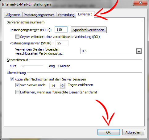 E-Mail-Konto einrichten - MS Outlook 2010 - Schritt 7 (POP3)