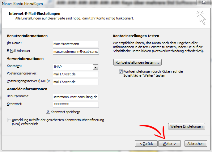 E-Mail-Konto einrichten - MS Outlook 2010 - Schritt 8